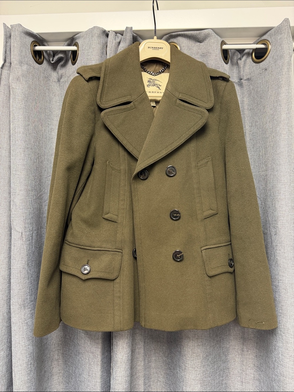 EUC Burberry Olive Green Double-Breasted Wool Peacoat